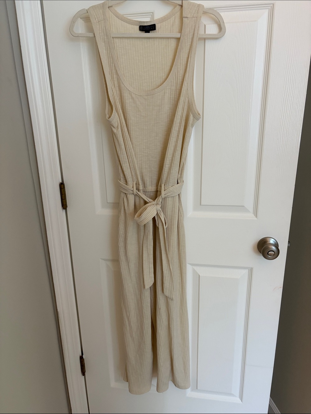 bobeau Ribbed Sleeveless Cream Jumpsuit with Waist Tie